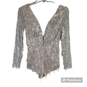 Nude sequins fringe mesh detail shorts romper cheeky